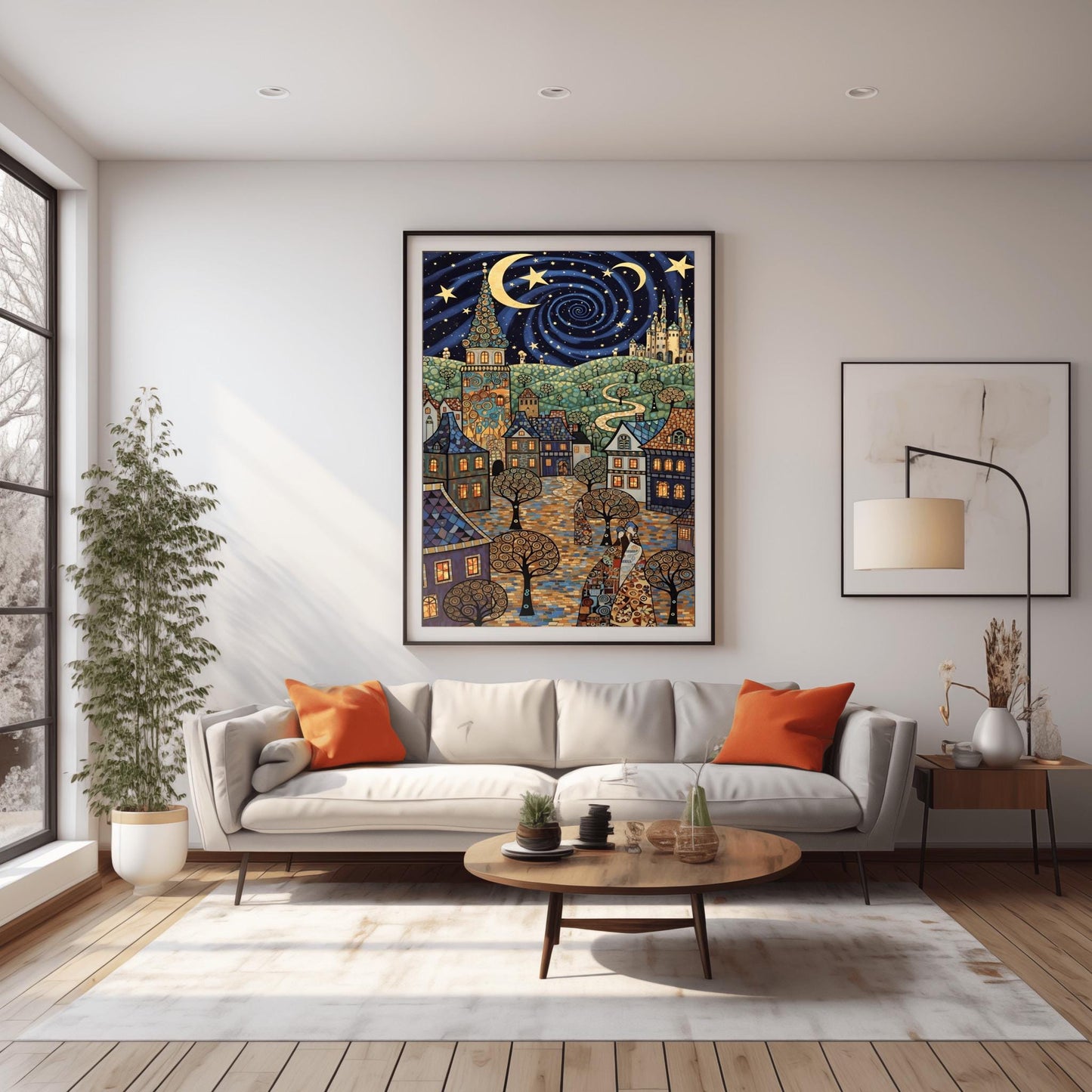 A vertical fine art print in the style of Gustav Klimt. A whimsical European village with mosaic-patterned houses and a tall tower sits under a swirling dark blue night sky. The sky features a large golden vortex, crescent moons, and stars. The ground is a colorful mosaic cobblestone path with spiral-patterned trees.