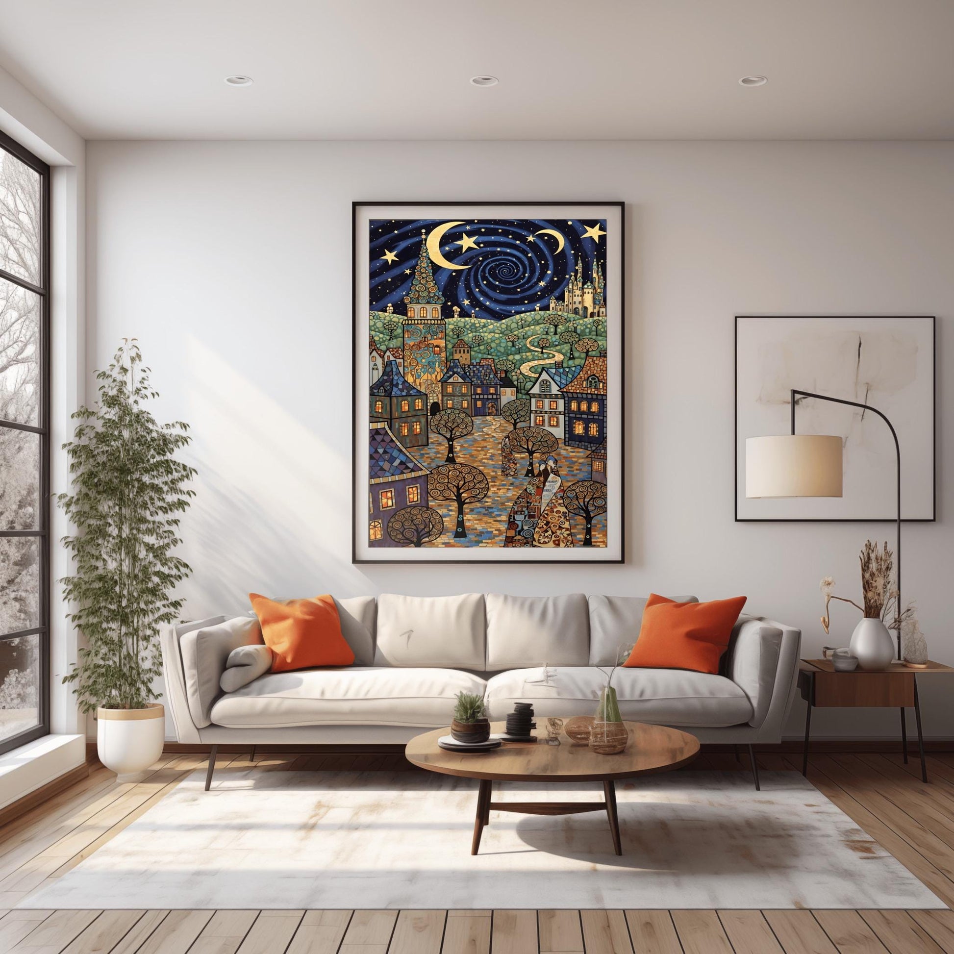 A vertical fine art print in the style of Gustav Klimt. A whimsical European village with mosaic-patterned houses and a tall tower sits under a swirling dark blue night sky. The sky features a large golden vortex, crescent moons, and stars. The ground is a colorful mosaic cobblestone path with spiral-patterned trees.