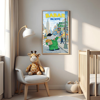A vertical children's illustration poster titled "BABAR IN NYC." At the center is Babar the elephant wearing a green suit and black bowler hat, holding a brown bag of bagels. He is standing on a busy New York City street corner next to a sign for Broadway and W 42nd St. Behind him is the Empire State Building and colorful Times Square billboards. The name "Laurent de Brunhoff" is at the bottom.