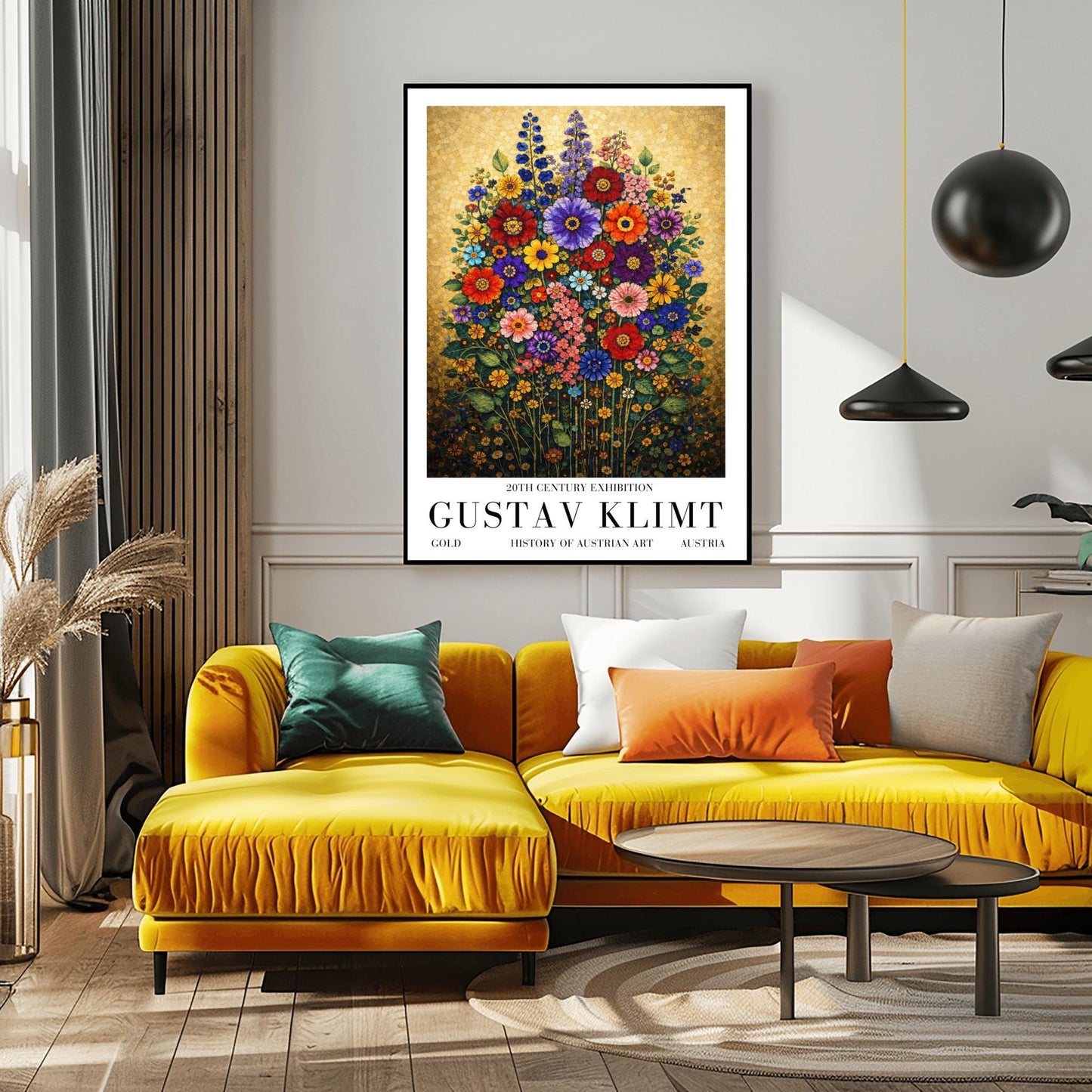A vertical art print in the style of Gustav Klimt featuring a dense bouquet of colorful wildflowers. The flowers, including red, purple, and orange zinnias and tall blue delphiniums, are rendered as intricate mosaics with geometric patterns. The entire arrangement is set against a shimmering, gold-tiled background that glows with metallic light. The style is highly decorative, maximalist, and vibrant.