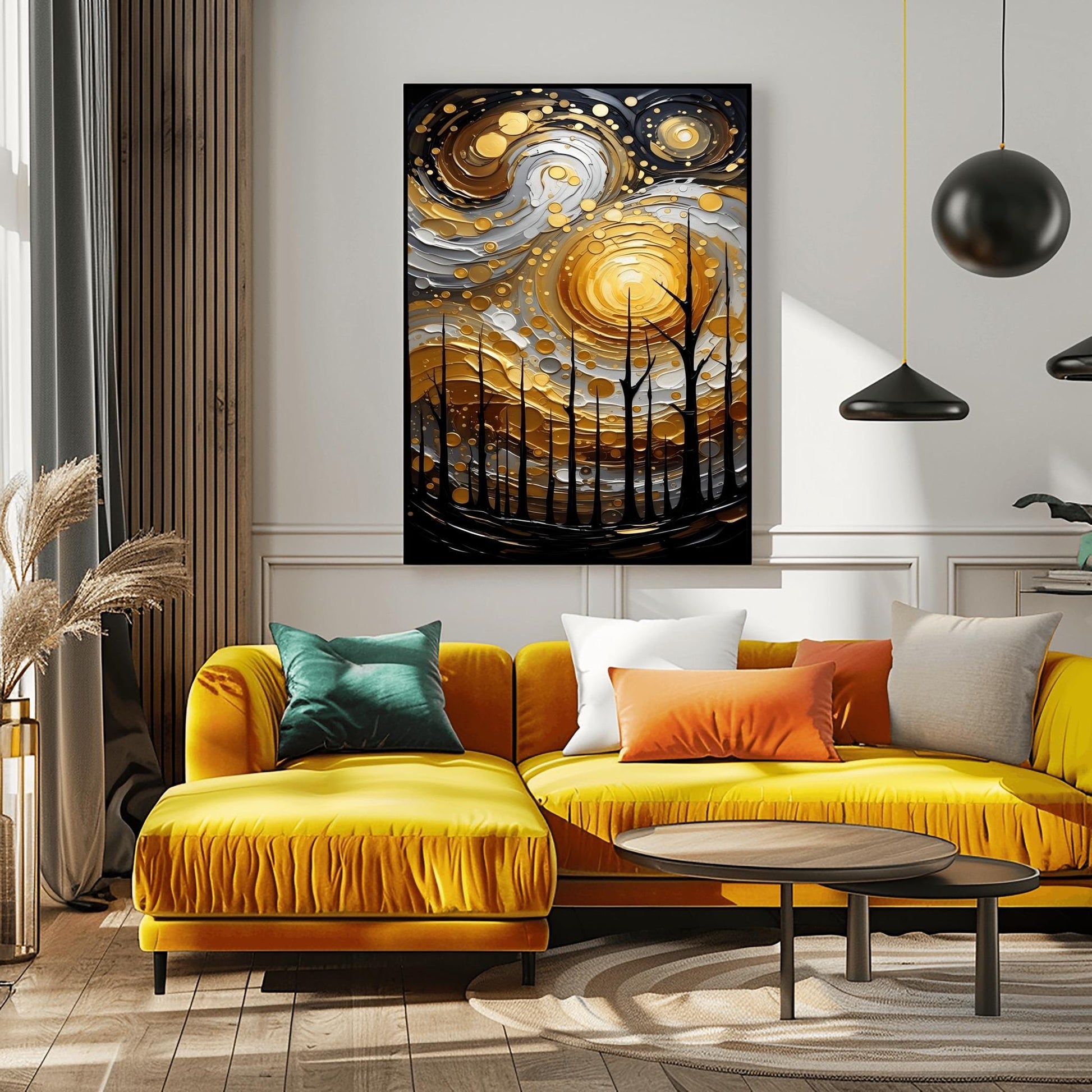 A vertical abstract painting in the style of Gustav Klimt. A group of black, silhouetted tree trunks stand in the foreground against a massive, swirling sun composed of concentric rings of gold, silver, and cream. The background is a dark, moody grey. The style features heavy, thick paint textures and metallic-looking circular accents scattered throughout.
