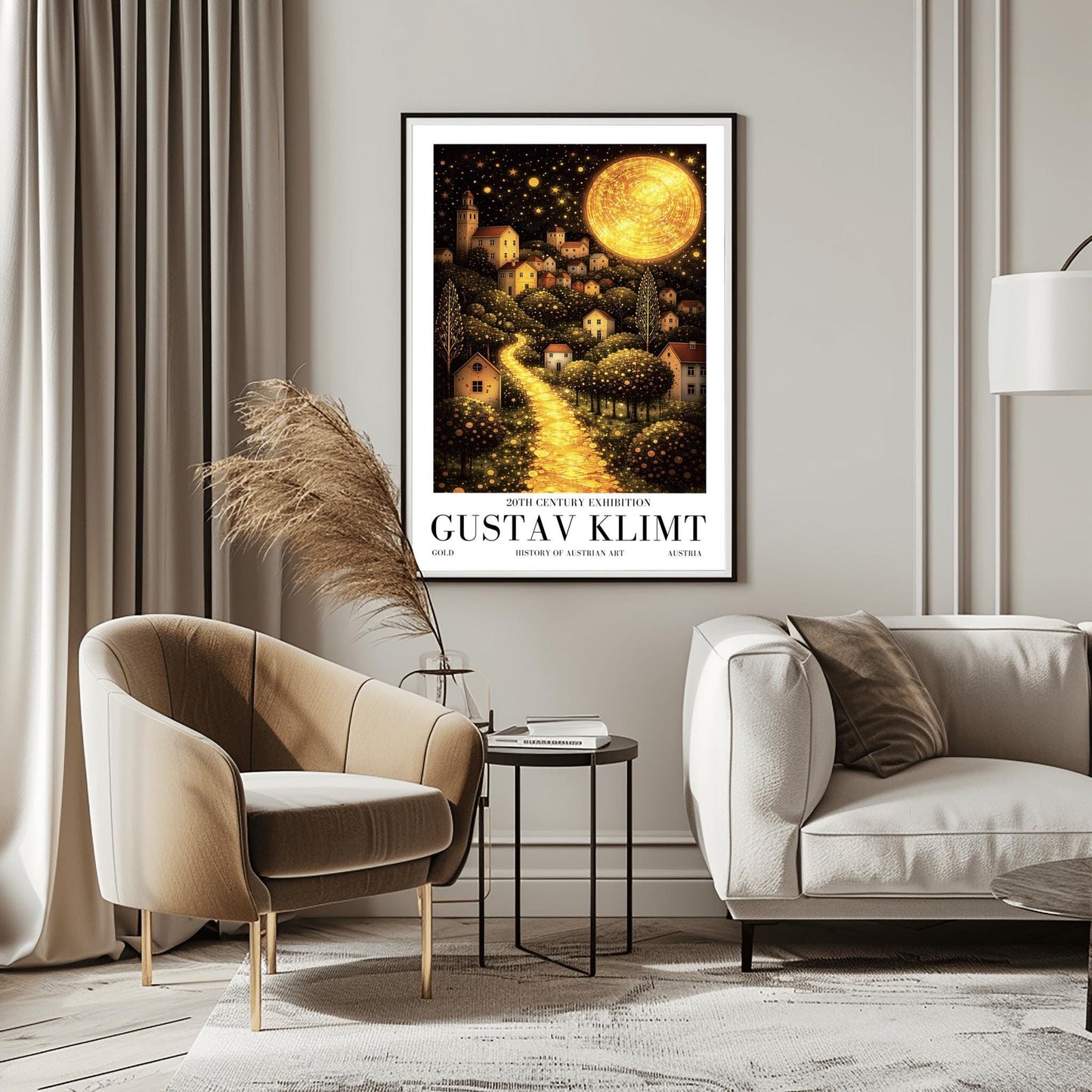 A vertical fine art landscape in the style of Gustav Klimt. A huge, textured golden moon shines in a starry night sky. A glowing golden path winds up a hillside past trees filled with shimmering golden dots toward a village of small houses with lit windows.