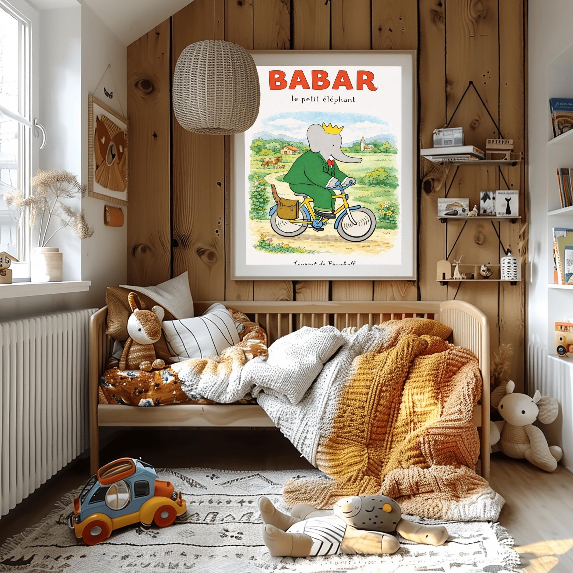 A vertical children's illustration poster titled "BABAR le petit éléphant" at the top in red. King Babar, in a green suit and crown, is riding a yellow bicycle along a dirt path. A brown leather bag on the back of the bike holds a baguette. The background shows a green meadow with a cow and calf, small bushes with flowers, and a distant house and church under a soft sky. The name "Laurent de Brunhoff" is at the bottom.