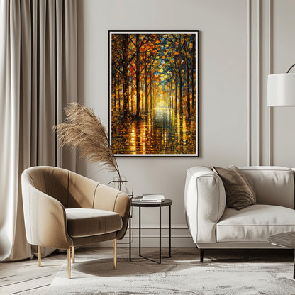 A vertical fine art exhibition poster in the style of Gustav Klimt. A long path leads through a dense forest of tall, slender trees with golden mosaic bark. A brilliant light glows at the end of the path. The leaves are a mix of gold, orange, and blue mosaic dots. Bold black text at the bottom reads "GUSTAV KLIMT."