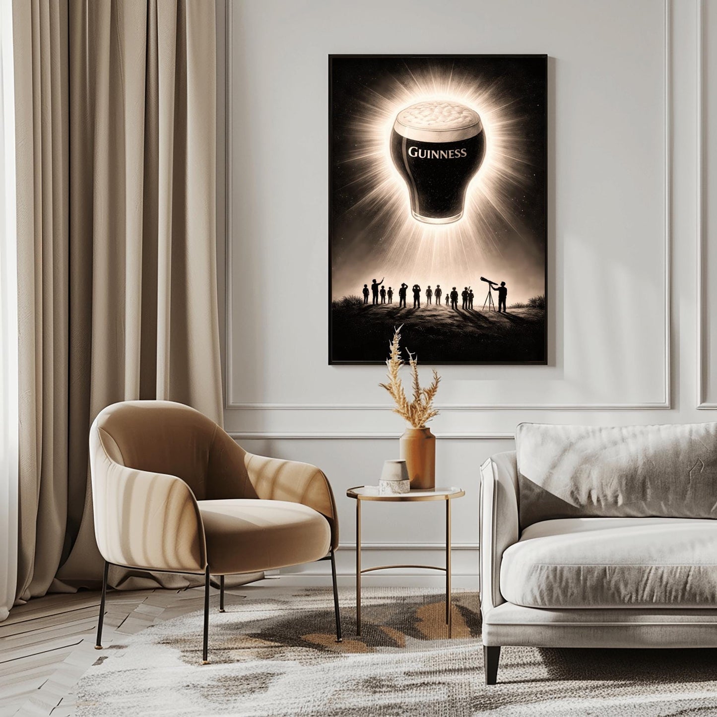 A vertical charcoal-style illustration. A pint of Guinness floats in a dark night sky like a solar eclipse, with bright rays of light radiating from behind the glass. Below, a group of tiny human silhouettes and one person with a telescope look up in wonder at the floating beer.