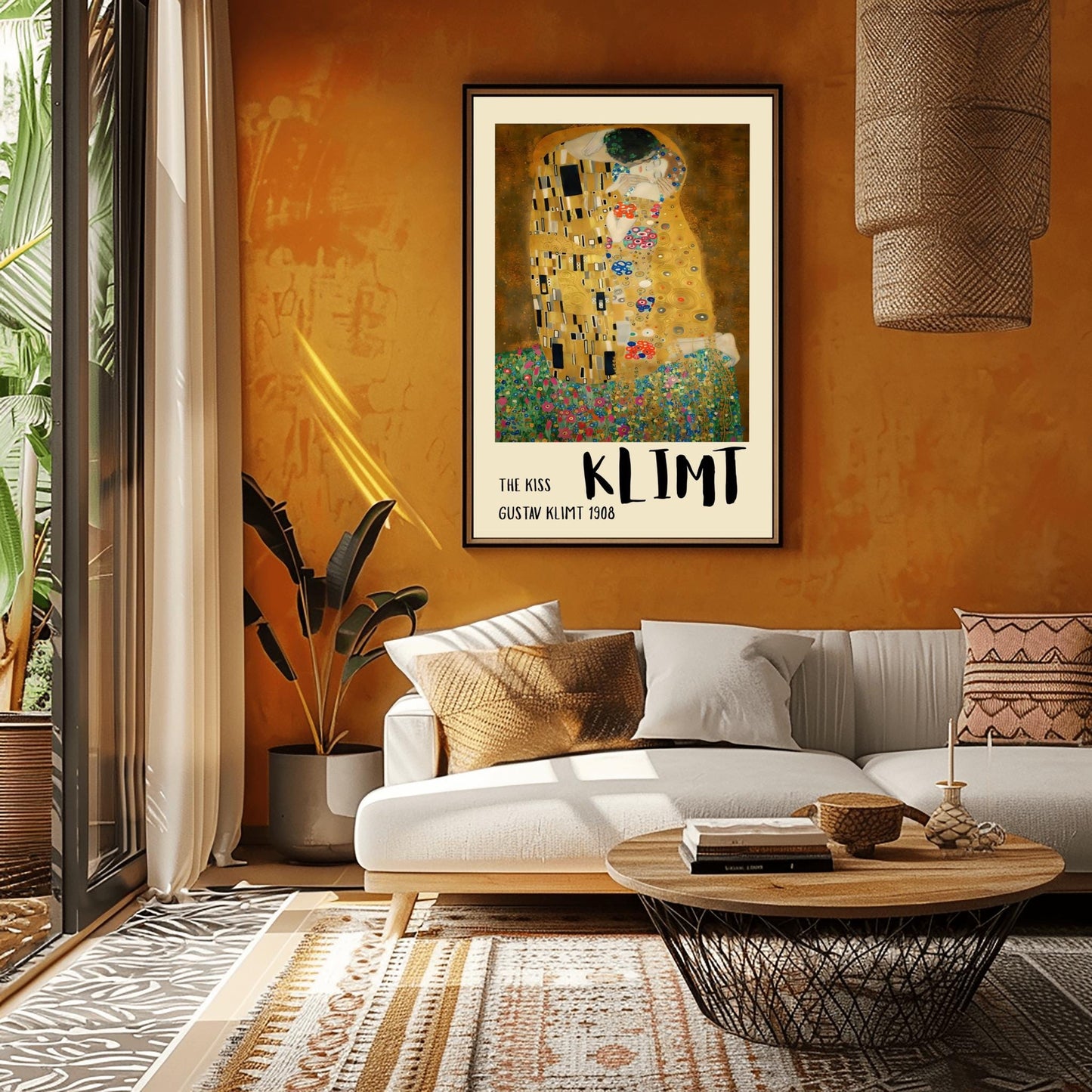A vertical fine art print of "The Kiss" by Gustav Klimt. Two lovers are shown in an intimate embrace, their bodies covered in elaborate, decorative gold robes. The man's robe features black and white geometric shapes, while the woman's features colorful floral circles. They kneel on a lush bed of colorful wildflowers against a dark, shimmering gold background. The style is rich in mosaic-like patterns and Art Nouveau ornamentation.