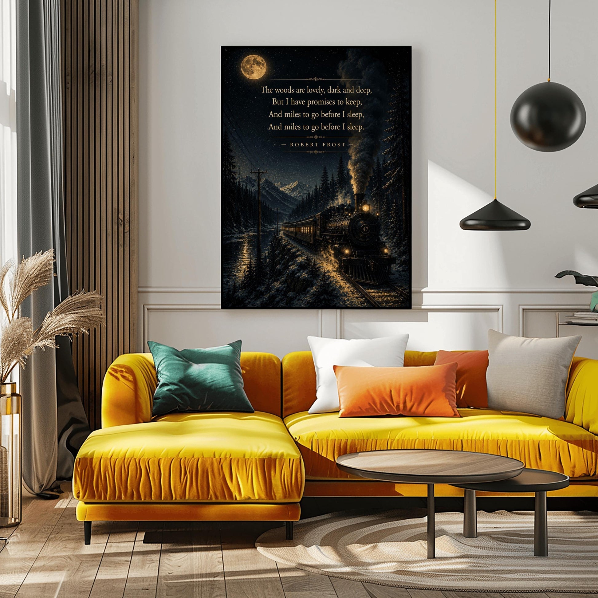 A vertical art print showing a vintage steam locomotive traveling on a snowy track at night. The train, with glowing windows and smoke billowing from its stack, moves along a lakeside beneath high mountains. A large full moon and stars light the sky, creating a reflection on the water. The final lines of Robert Frost’s "Stopping by Woods on a Snowy Evening" are printed in gold in the upper portion of the image.