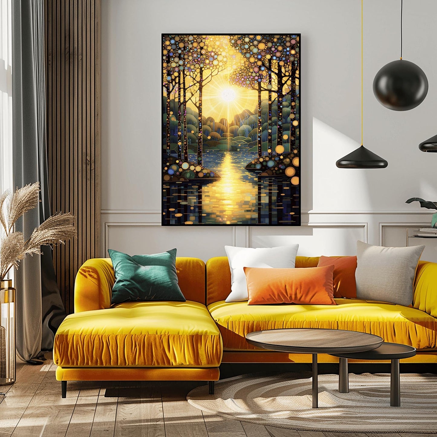A vertical fine art painting in the style of Gustav Klimt. A brilliant sun is centered in the sky, emitting golden rays that look like stained glass panes. Slender trees with colorful mosaic patterns on their bark frame a calm lake. The water reflects the golden sun in a series of horizontal mosaic tiles. The overall palette is brilliant gold, warm amber, and deep teal.