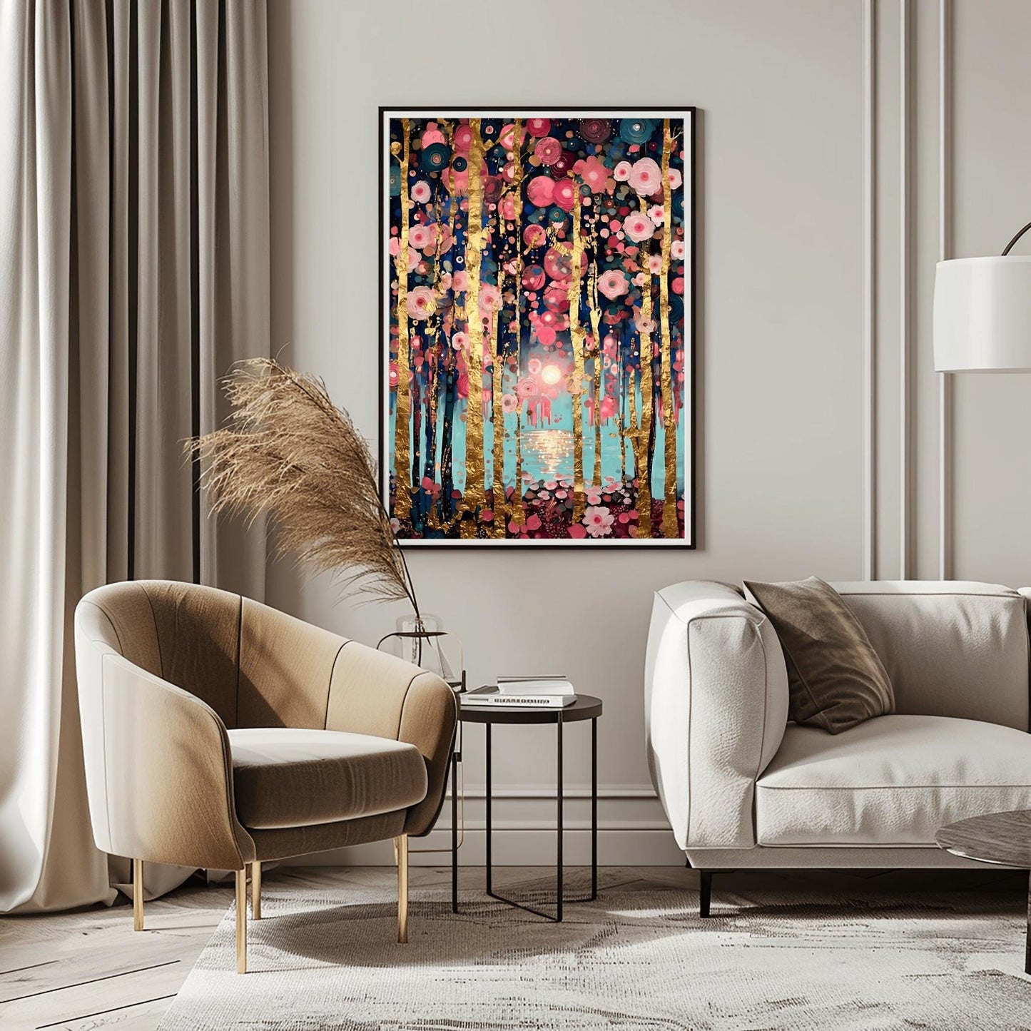 A vertical fine art print in the style of Gustav Klimt. Slender, textured gold leaf tree trunks stand against a soft teal and blue background. The branches are covered in a dense mosaic of pink and white circular flower patterns. A soft sun reflects in a pool of water in the center.