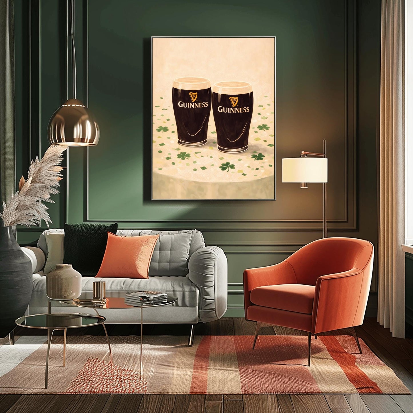 A vertical illustration of two pints of Guinness stout sitting side-by-side on a light cream surface. Green shamrocks and confetti are scattered around the base of the glasses. The pints feature the golden harp logo. The overall style is painterly and warm.