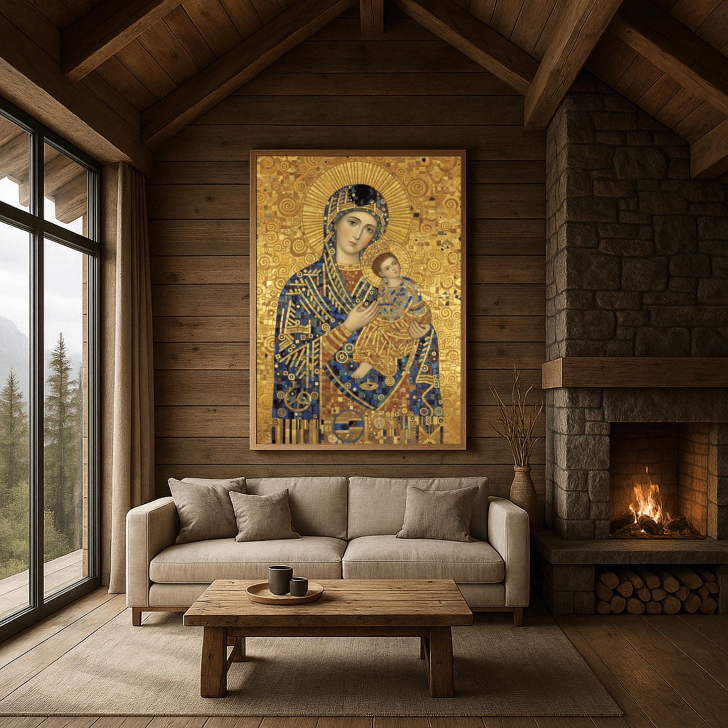 A vertical fine art print in the style of Gustav Klimt. A Madonna and Christ Child are depicted in a modern Byzantine style. Their robes are made of intricate gold and blue mosaic patterns. The Madonna has a large gold ray halo, and the entire background is a textured gold leaf with swirling spiral motifs.