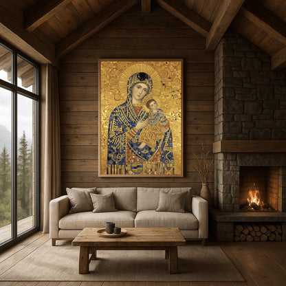 A vertical fine art print in the style of Gustav Klimt. A Madonna and Christ Child are depicted in a modern Byzantine style. Their robes are made of intricate gold and blue mosaic patterns. The Madonna has a large gold ray halo, and the entire background is a textured gold leaf with swirling spiral motifs.