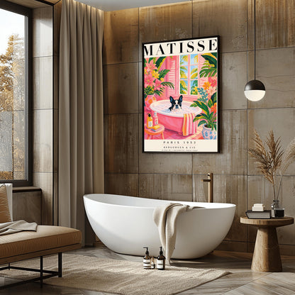 A vertical maximalist art print styled as a Henri Matisse exhibition poster. A black and white Boston Terrier dog sits in a pink bathtub filled with white bubbles. The bathroom features pink tiled floors and walls, decorated with lush green tropical plants and vibrant pink flowers in floral vases. A window with pink shutters in the background looks out onto palm trees and a blue ocean. In the foreground, soap bottles and a yellow bar of soap sit on a small pink stool.