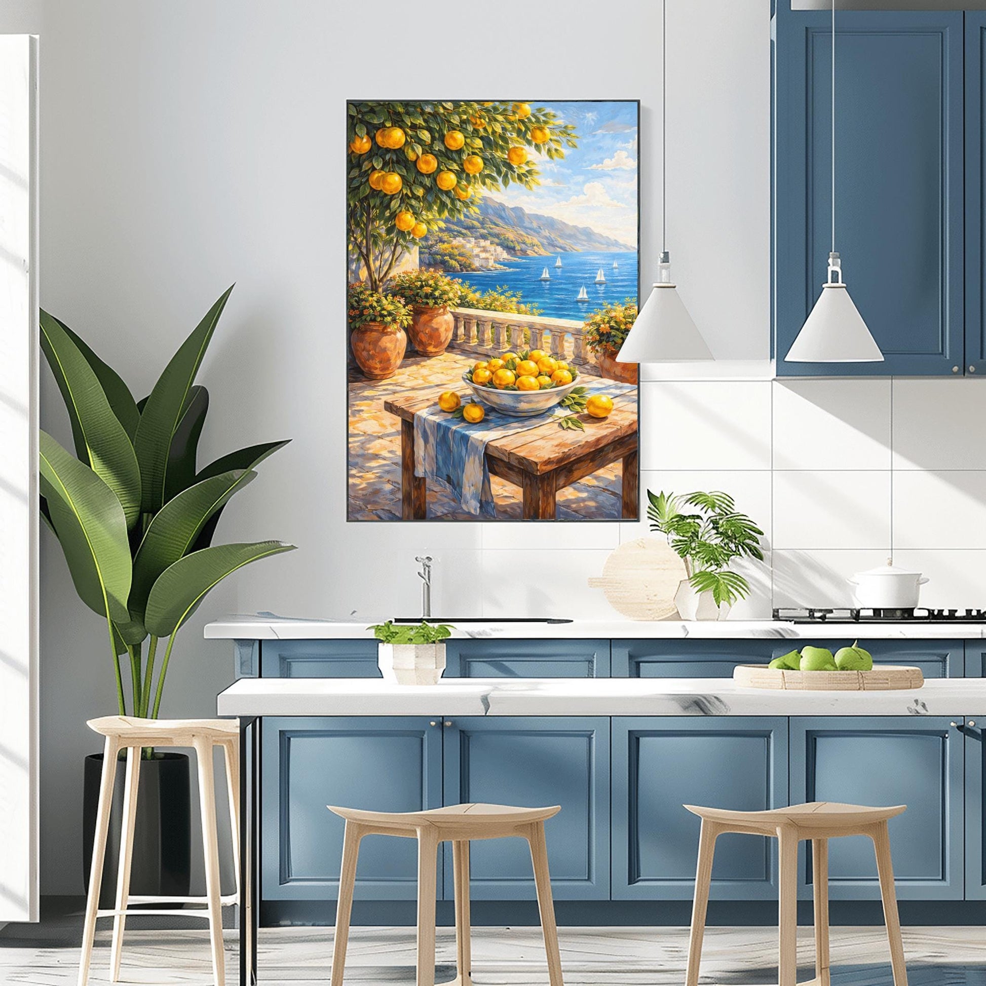 A vertical painterly illustration of a stone terrace overlooking a blue sea with sailboats. In the foreground, a wooden table holds a bowl of oranges and lemons. A citrus tree and flower-filled terracotta pots frame the view. Distant white-washed buildings sit on a coastline under a blue sky.