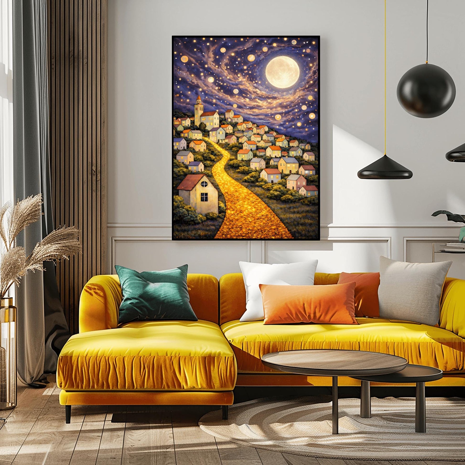 A vertical fine art print in the style of Gustav Klimt. A glowing road made of golden cobblestones winds up a steep hillside filled with small, charming houses. A massive, luminous full moon hangs in a purple and blue sky filled with stars and golden floating orbs.