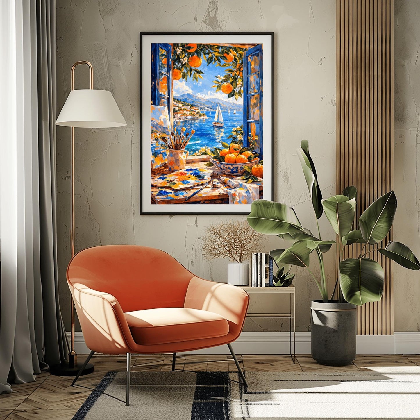 A vertical painterly illustration of an artist's studio window. In the foreground, a table holds a paint palette, brushes in a jar, and a bowl of oranges. Outside the open blue shutters, a sailboat drifts on a blue sea next to a coastal town and mountains.