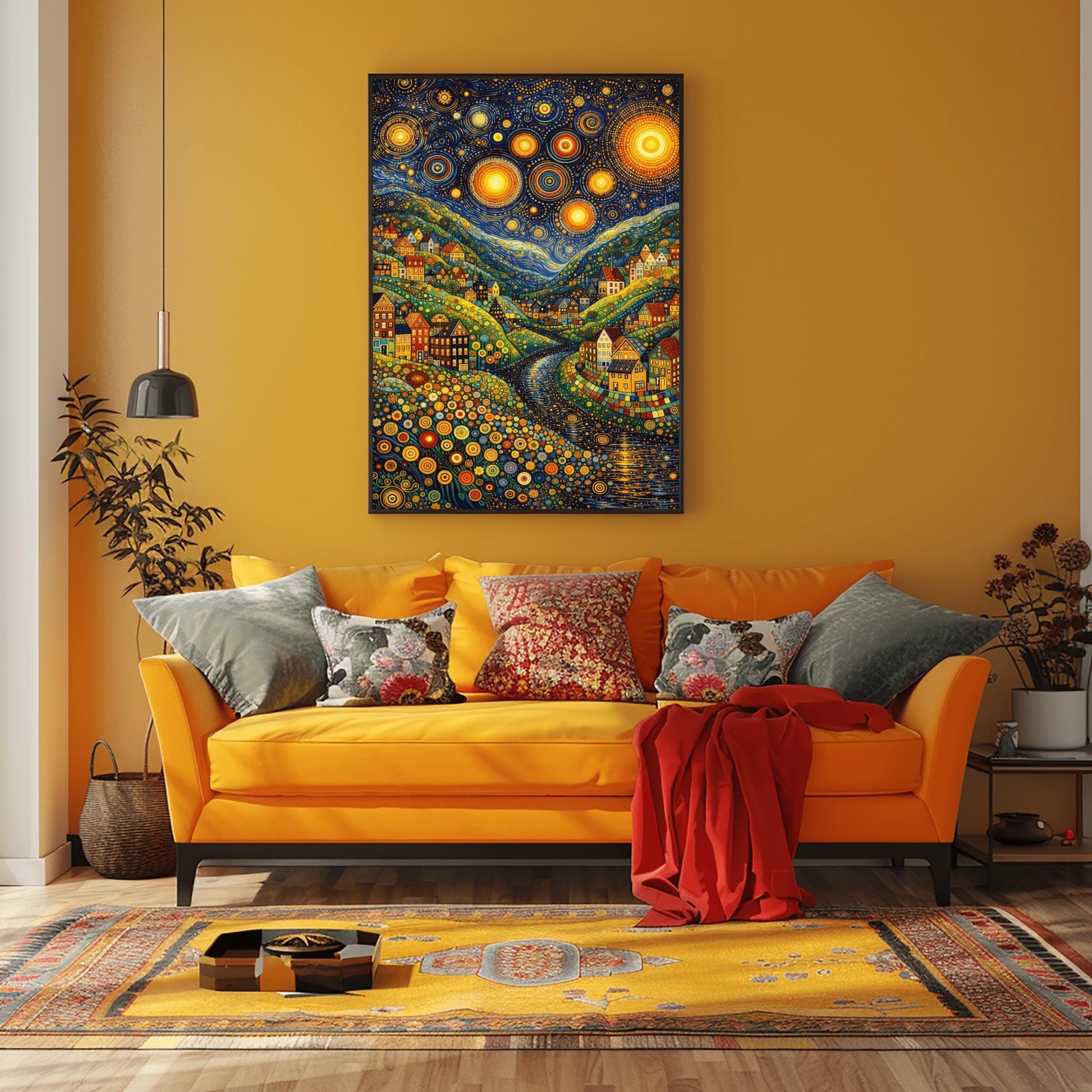 A vertical art print depicting a vibrant, stylized valley at night. The sky is filled with massive, glowing yellow stars with concentric circle patterns and golden swirls. Below, colorful houses with geometric details are built into hills made of green and yellow dots. A dark river winds through the center. The foreground is filled with multi-colored circular flower patterns. The overall style is a mix of mosaic textures and swirling post-impressionist brushwork.