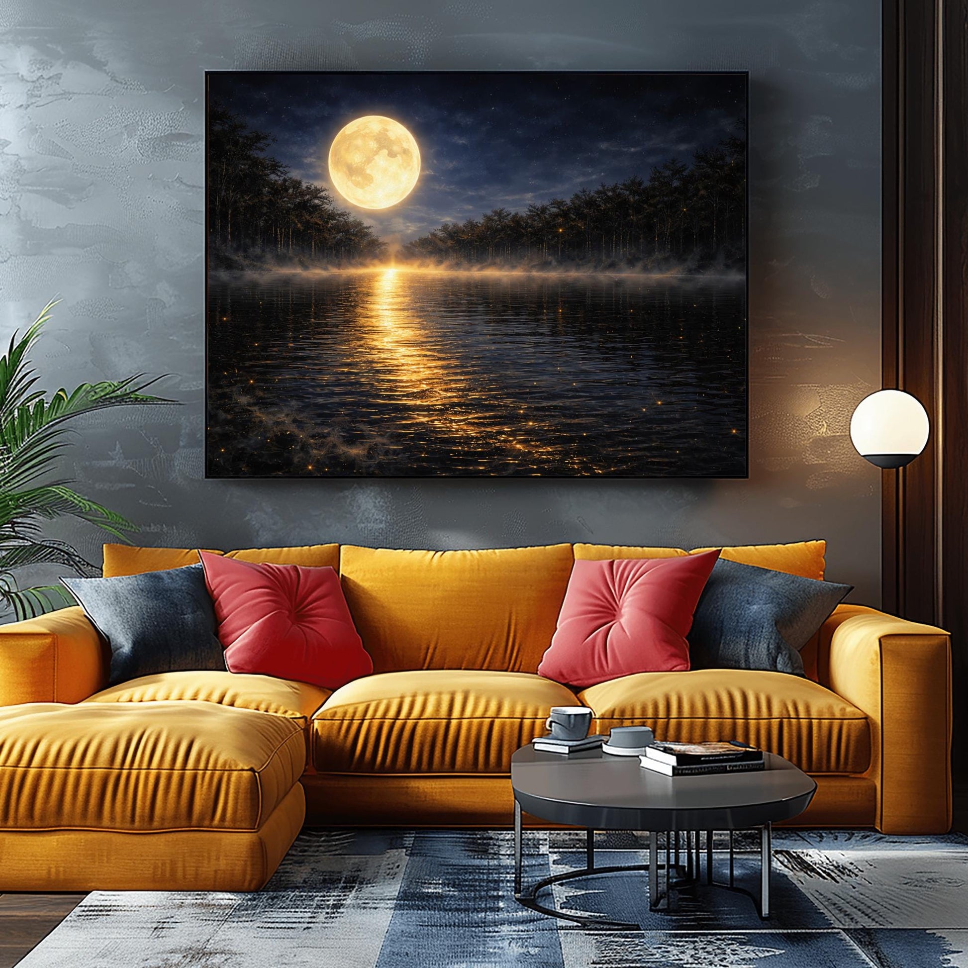 A horizontal landscape art print in the style of Gustav Klimt. A large, luminous golden moon hangs in a dark, starlit sky over a calm lake. A brilliant trail of golden light reflects across the dark water toward the viewer. Low-lying mist rolls across the lake's surface, and silhouetted dark trees line the distant shore. The overall color palette is a striking contrast of deep midnight blue and radiant metallic gold.