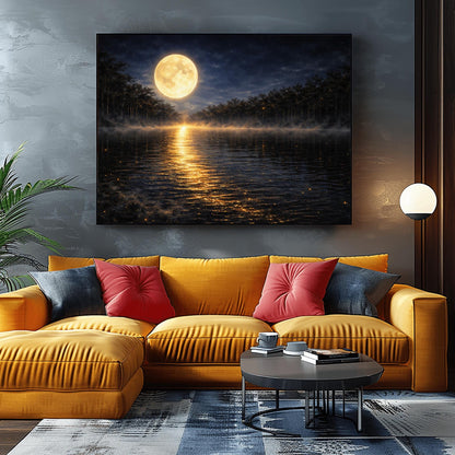 A horizontal landscape art print in the style of Gustav Klimt. A large, luminous golden moon hangs in a dark, starlit sky over a calm lake. A brilliant trail of golden light reflects across the dark water toward the viewer. Low-lying mist rolls across the lake's surface, and silhouetted dark trees line the distant shore. The overall color palette is a striking contrast of deep midnight blue and radiant metallic gold.