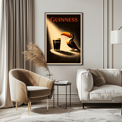 A vertical vintage-style poster. A bright spotlight shines down on a pint of Guinness with a creamy head. A colorful toucan stands in the light next to the glass, looking at it. The background is dark and moody with "GUINNESS" written in red at the top.