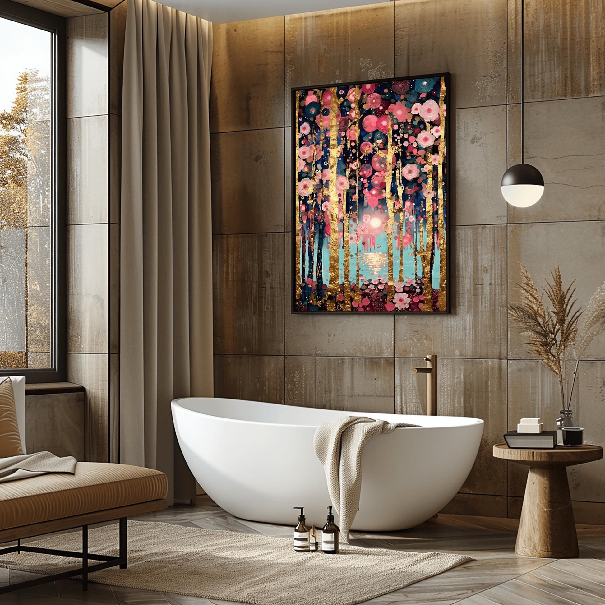 A vertical fine art print in the style of Gustav Klimt. Slender, textured gold leaf tree trunks stand against a soft teal and blue background. The branches are covered in a dense mosaic of pink and white circular flower patterns. A soft sun reflects in a pool of water in the center.