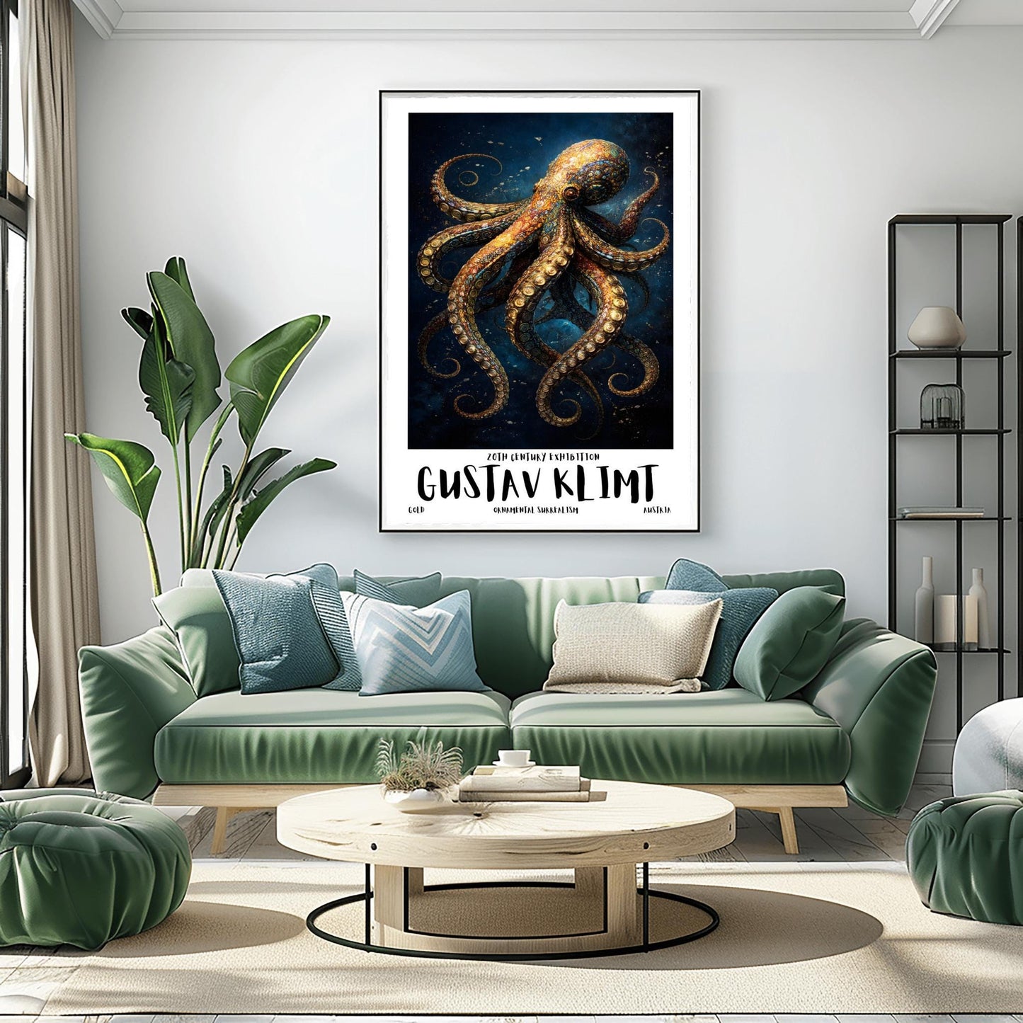 A vertical exhibition poster for Gustav Klimt featuring a highly detailed octopus against a dark navy background. The octopus is covered in golden mosaic patterns and spirals. Below the art, bold text reads "GUSTAV KLIMT" and "Ornamental Surrealism."