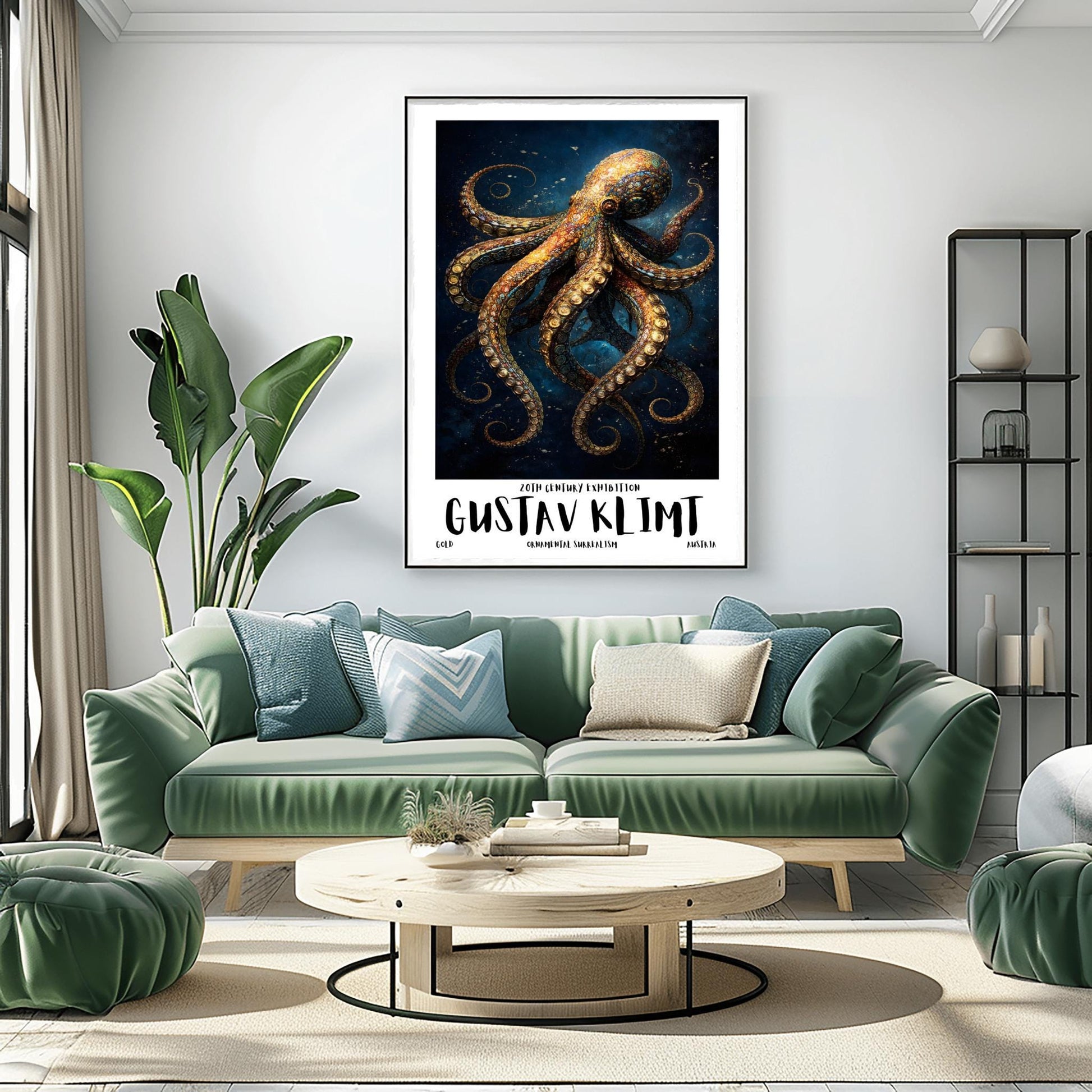 A vertical exhibition poster for Gustav Klimt featuring a highly detailed octopus against a dark navy background. The octopus is covered in golden mosaic patterns and spirals. Below the art, bold text reads "GUSTAV KLIMT" and "Ornamental Surrealism."