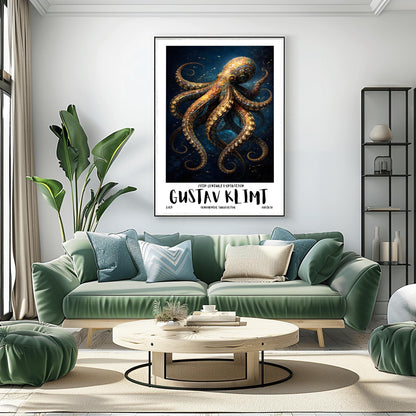 A vertical exhibition poster for Gustav Klimt featuring a highly detailed octopus against a dark navy background. The octopus is covered in golden mosaic patterns and spirals. Below the art, bold text reads "GUSTAV KLIMT" and "Ornamental Surrealism."
