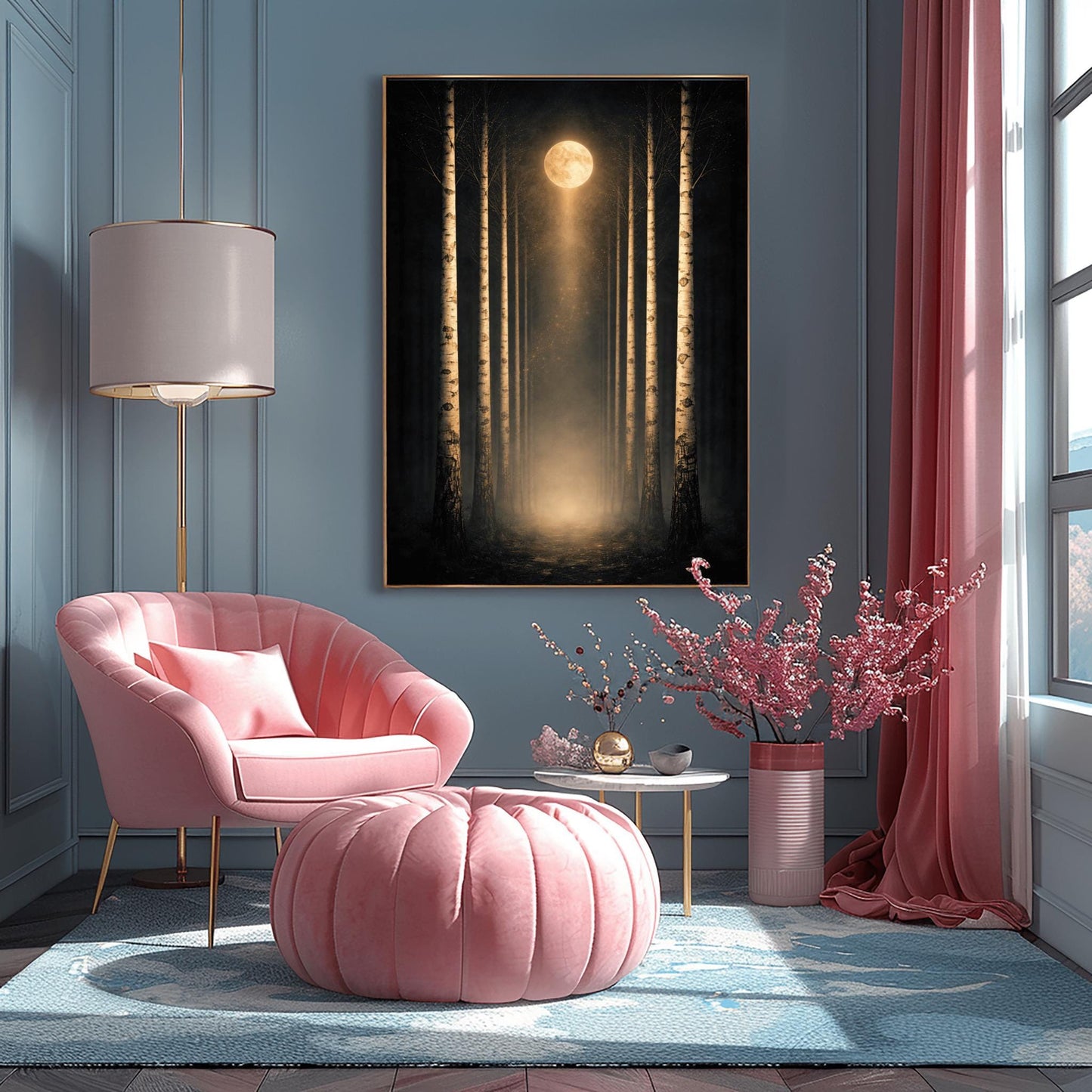 A vertical, perfectly symmetrical illustration of a birch forest at night. Three slender birch trees frame each side of a central path. A golden moon at the top center casts a beam of light downward onto a glowing forest floor. The trees feature intricate golden mosaic bark.