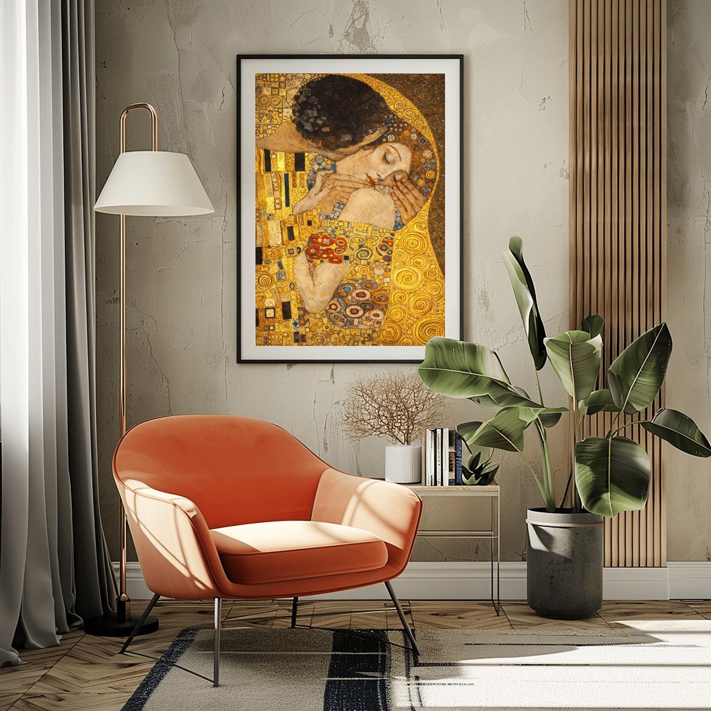 A vertical fine art print in the style of Gustav Klimt's "The Kiss." An embracing couple is centered, their bodies merged under a single, ornate golden cloak filled with geometric patterns like black and white rectangles and colorful spirals. The woman’s face is turned upward with eyes closed in a peaceful expression. The background is a shimmering, textured gold field, creating a radiant and romantic Art Nouveau atmosphere.