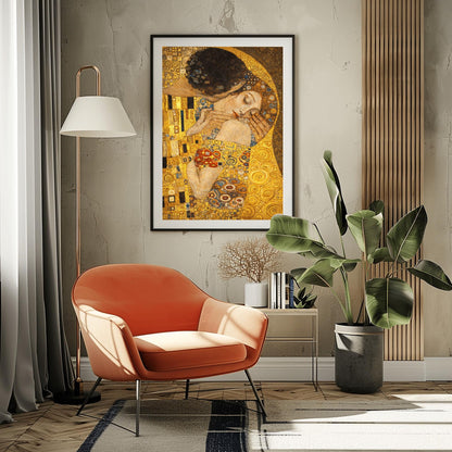 A vertical fine art print in the style of Gustav Klimt's "The Kiss." An embracing couple is centered, their bodies merged under a single, ornate golden cloak filled with geometric patterns like black and white rectangles and colorful spirals. The woman’s face is turned upward with eyes closed in a peaceful expression. The background is a shimmering, textured gold field, creating a radiant and romantic Art Nouveau atmosphere.