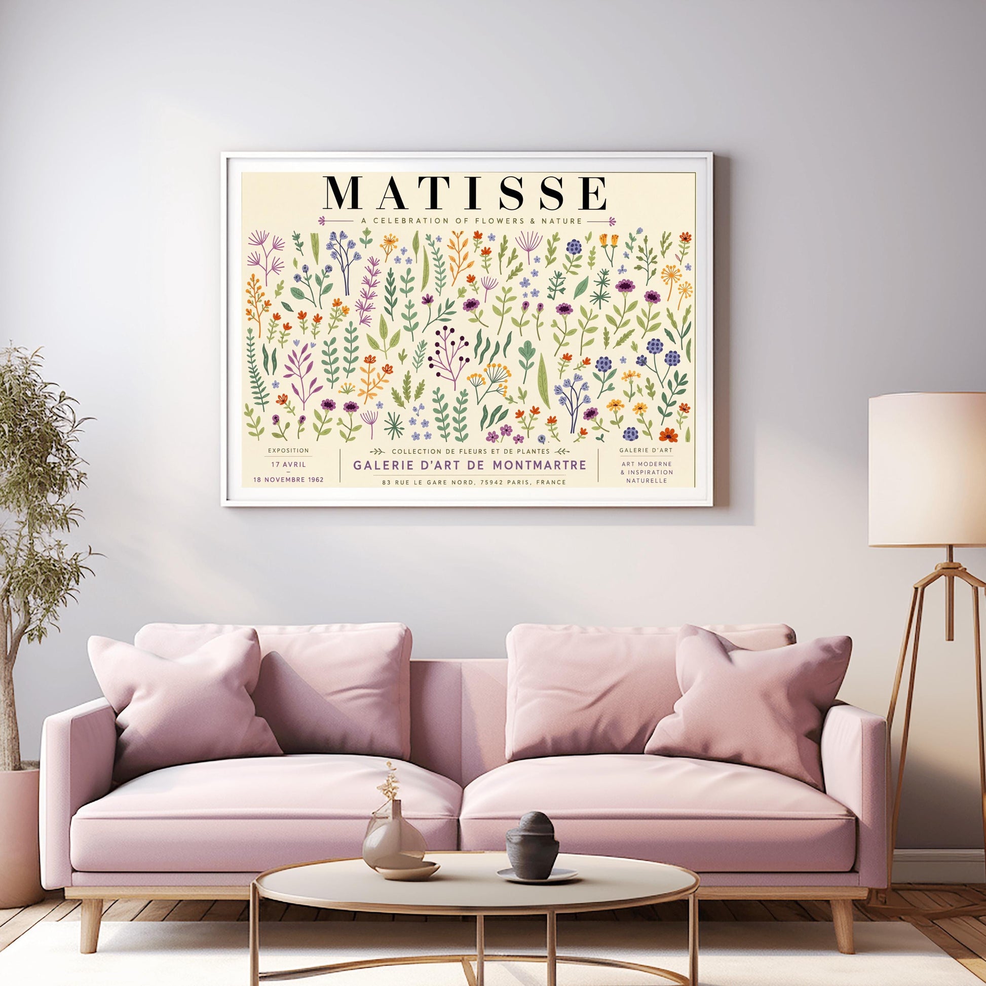 A vertical gallery exhibition poster with a warm cream border. Bold black text at the top reads "HENRI MATISSE". The central artwork is a rectangular block with a solid sand-beige background, featuring a cream silhouette of an abstract, four-petaled flower with a circular center.