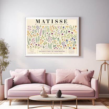 A vertical gallery exhibition poster with a warm cream border. Bold black text at the top reads "HENRI MATISSE". The central artwork is a rectangular block with a solid sand-beige background, featuring a cream silhouette of an abstract, four-petaled flower with a circular center.