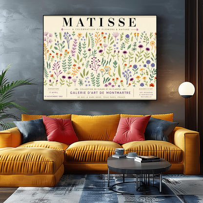 A vertical gallery exhibition poster with a warm cream border. Bold black text at the top reads "HENRI MATISSE". The central artwork is a rectangular block with a solid sand-beige background, featuring a cream silhouette of an abstract, four-petaled flower with a circular center.