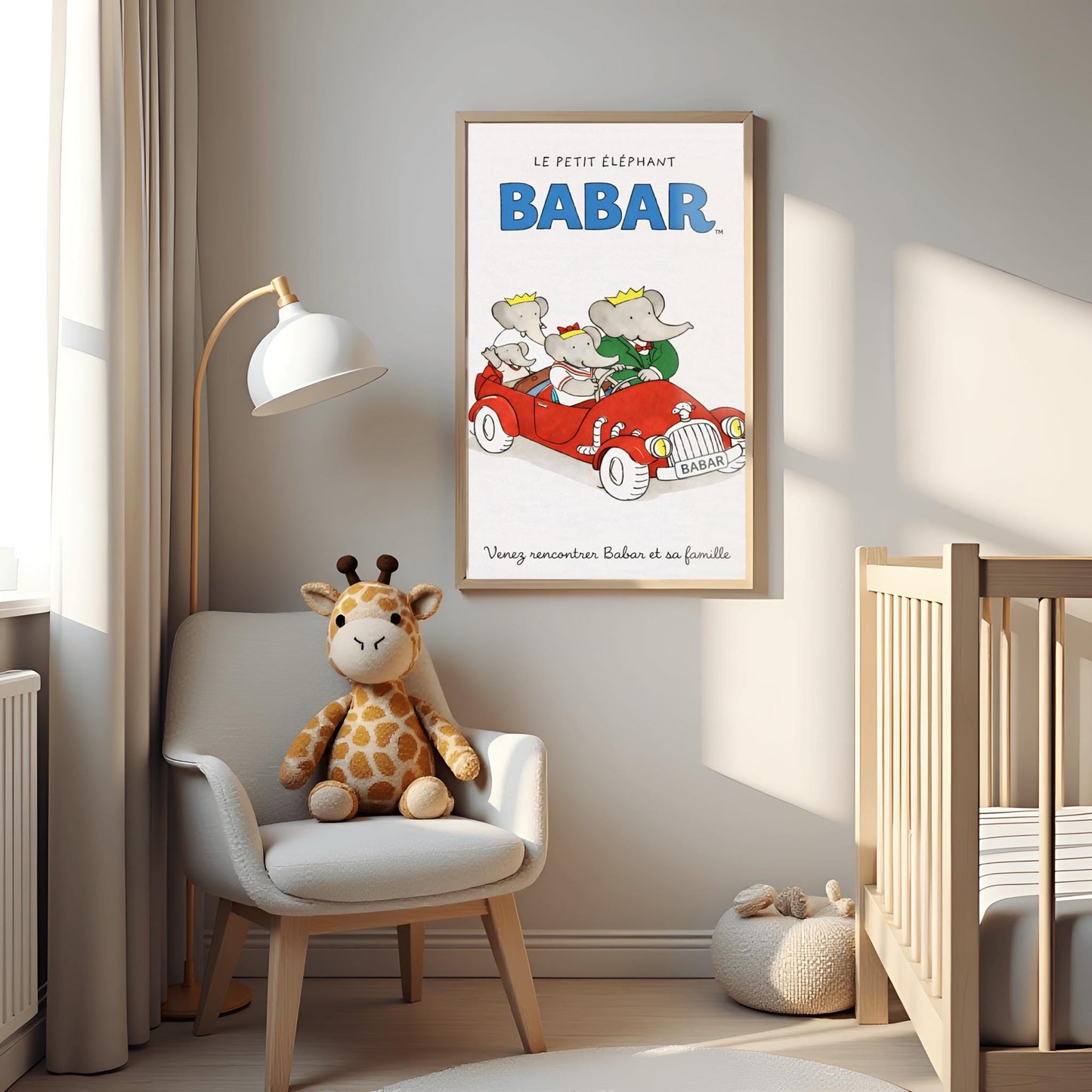A vertical children's illustration poster. At the top, "LE PETIT ÉLÉPHANT" is written in small letters above the word "BABAR" in large blue block letters. In the center, four elephants are riding in a bright red vintage open-top convertible. A young elephant is driving, Babar is in the passenger seat in a green suit, and two smaller elephants are in the back. The car has a "BABAR" license plate. The text at the bottom says "Venez rencontrer Babar et sa famille."