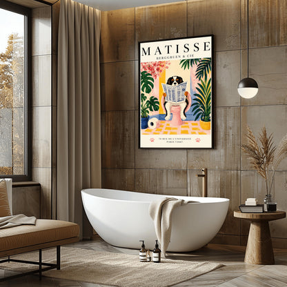 A vertical vintage-style exhibition poster on a cream background titled "MATISSE BERGGRUEN & CIE" in bold black font. The main gouache-style illustration depicts a tricolor black, white, and tan Cavalier King Charles Spaniel sitting on a pink toilet. The dog is holding and reading a blue-and-white French newspaper titled "LE JOURNAL". The bathroom scene includes a roll of toilet paper on a yellow checkered floor, potted monstera and palm plants
