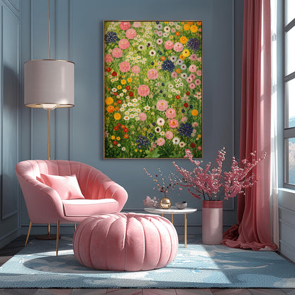 A vertical full-bleed painting in the style of Gustav Klimt showing a dense, vibrant meadow of wildflowers. The entire frame is filled with an intricate, mosaic-like arrangement of thickly painted flowers, including large clusters of white and cream blossoms at the top, a dense field of orange and white poppies to the right, and deep purple and magenta pansies near the bottom, all set against a textured emerald and chartreuse green background.