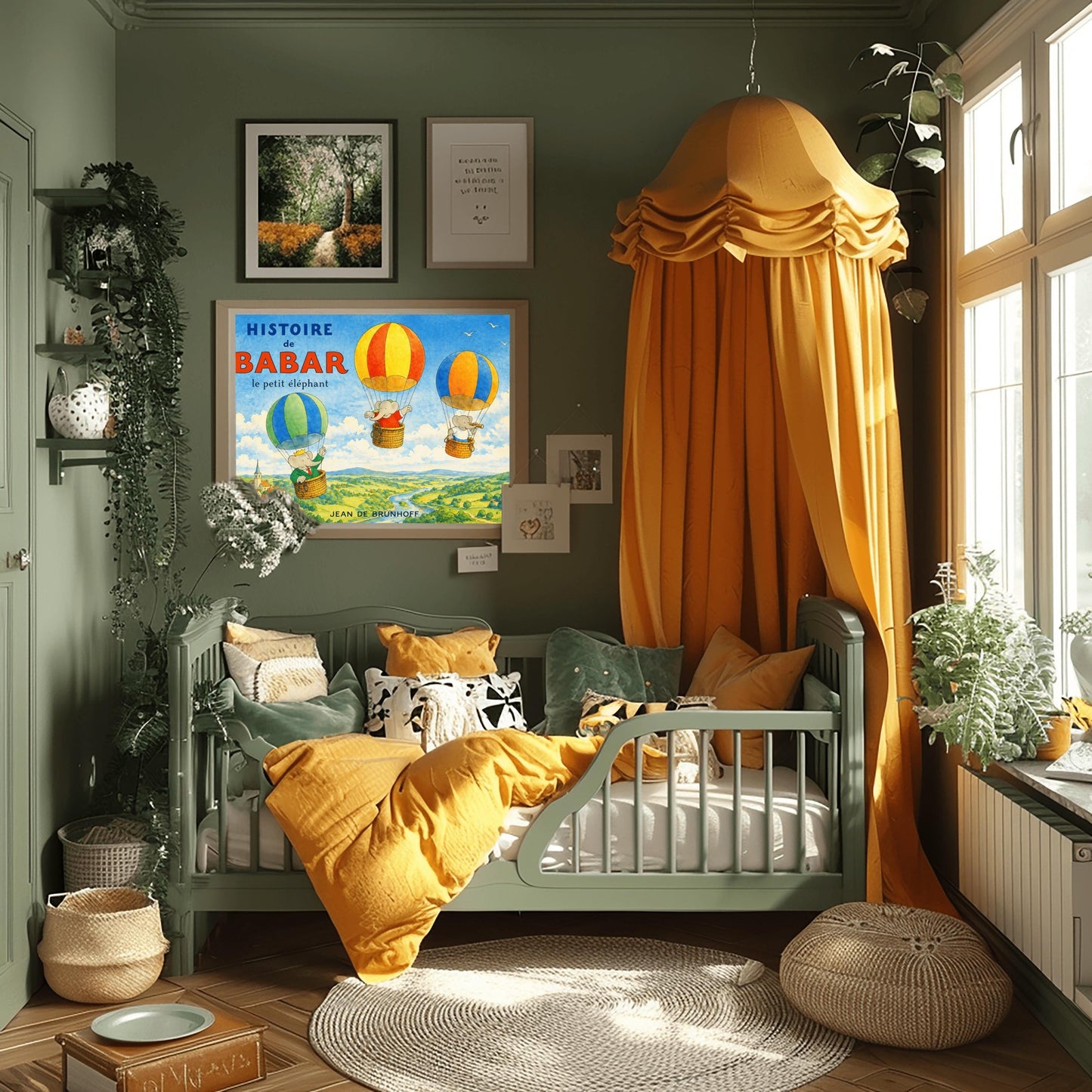 A horizontal watercolor illustration for "Histoire de Babar" showing three elephants in hot air balloons floating over a lush green valley with a river and a small village. On the left, Babar wears a crown and green suit in a blue and green balloon. Two other elephants are in red/orange and blue/yellow balloons. The sky is blue with a few white birds. The title is in large blue and red letters at the top left.