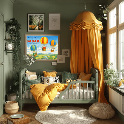 A horizontal watercolor illustration for "Histoire de Babar" showing three elephants in hot air balloons floating over a lush green valley with a river and a small village. On the left, Babar wears a crown and green suit in a blue and green balloon. Two other elephants are in red/orange and blue/yellow balloons. The sky is blue with a few white birds. The title is in large blue and red letters at the top left.