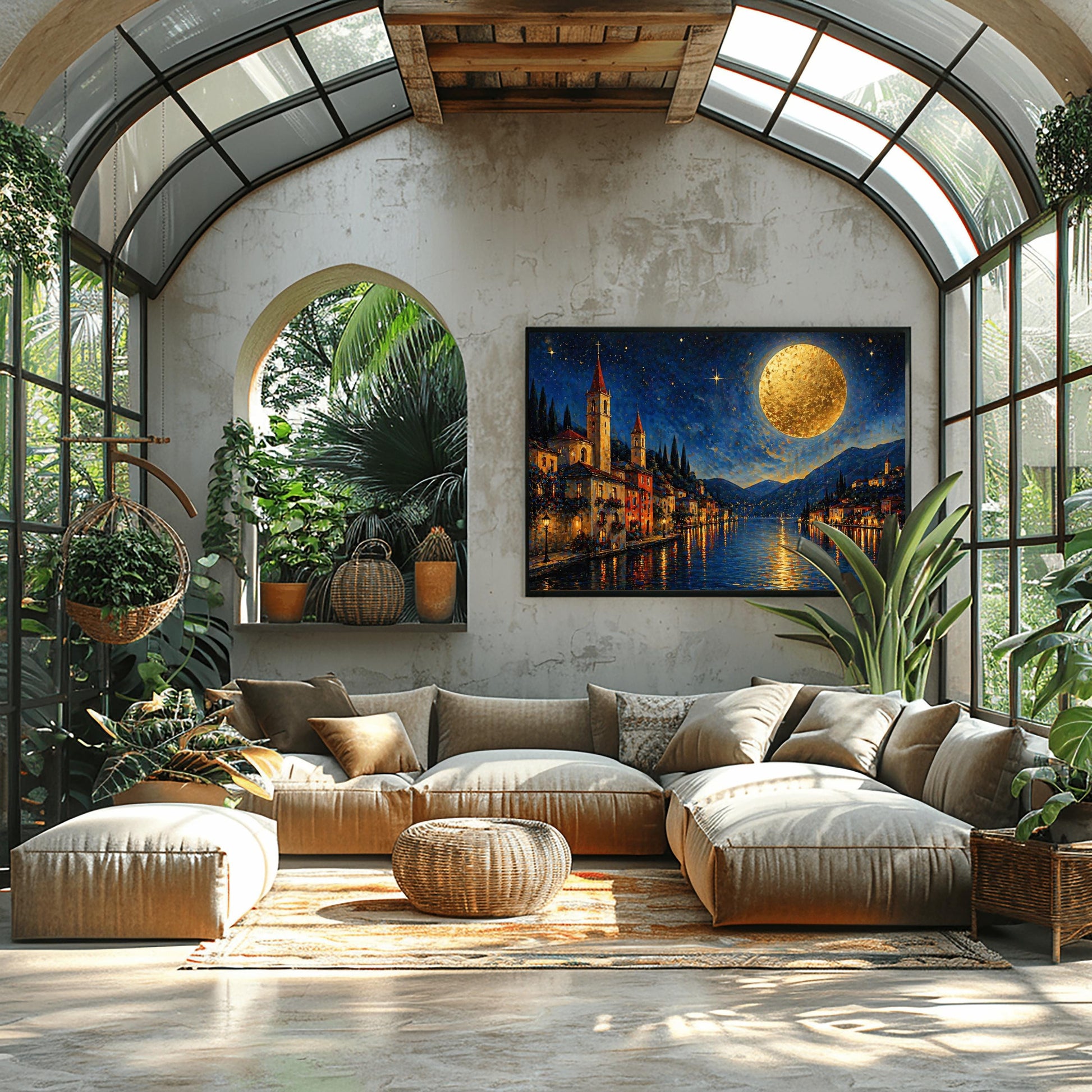 A horizontal art print in a decorative mosaic style inspired by Gustav Klimt. A charming lakeside village with warm-lit windows and tall church spires sits along the edge of dark blue water. A massive, glowing golden moon with heavy texture hangs in a starry night sky. The light from the moon and the town reflects in long, shimmering streaks on the water. The mountains in the distance are shaded in soft blues and purples.