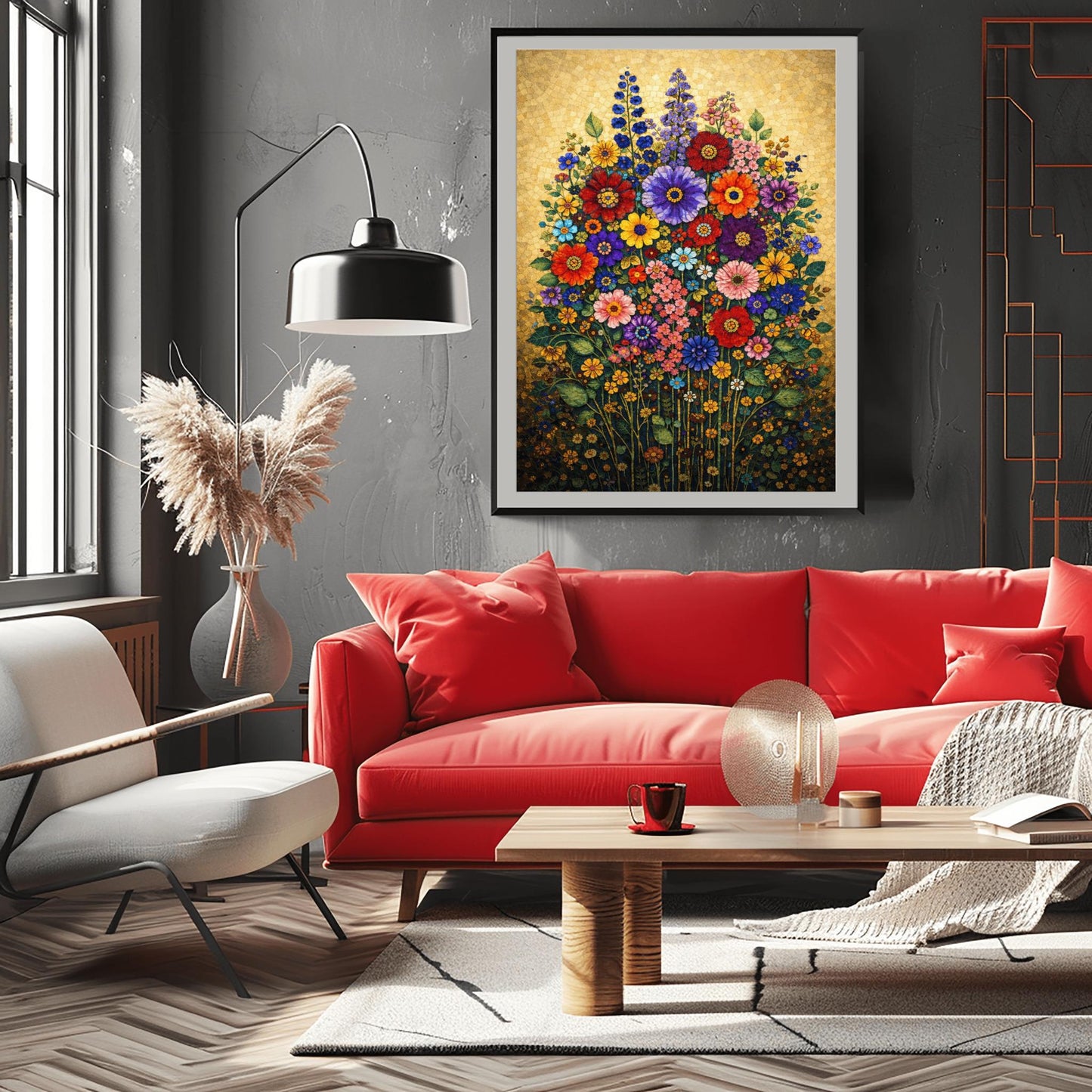 A vertical art print in the style of Gustav Klimt featuring a dense bouquet of colorful wildflowers. The flowers, including red, purple, and orange zinnias and tall blue delphiniums, are rendered as intricate mosaics with geometric patterns. The entire arrangement is set against a shimmering, gold-tiled background that glows with metallic light. The style is highly decorative, maximalist, and vibrant.