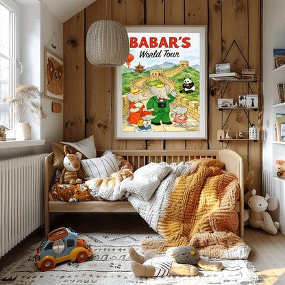 A vertical children's illustration poster titled "BABAR'S World Tour" in red and black letters. King Babar, wearing a green suit and a camera around his neck, stands on the Great Wall of China with his family. The wall curves through green mountains toward a pagoda in the distance. A giant panda sits in the grass to the right, and a red Chinese lantern hangs on the left. The name "Laurent de Brunhoff" is at the top.