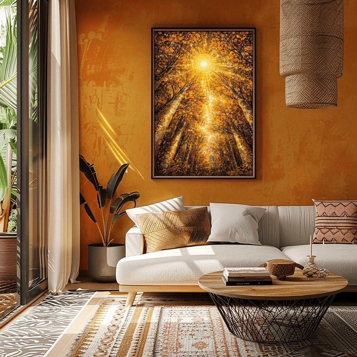 A vertical full-bleed illustration looking up from the forest floor toward a bright, geometric sun. Towering trees with golden mosaic bark frame a canopy of shimmering leaves. A large sunburst made of concentric golden dots and rays sits at the center against an amber sky.
