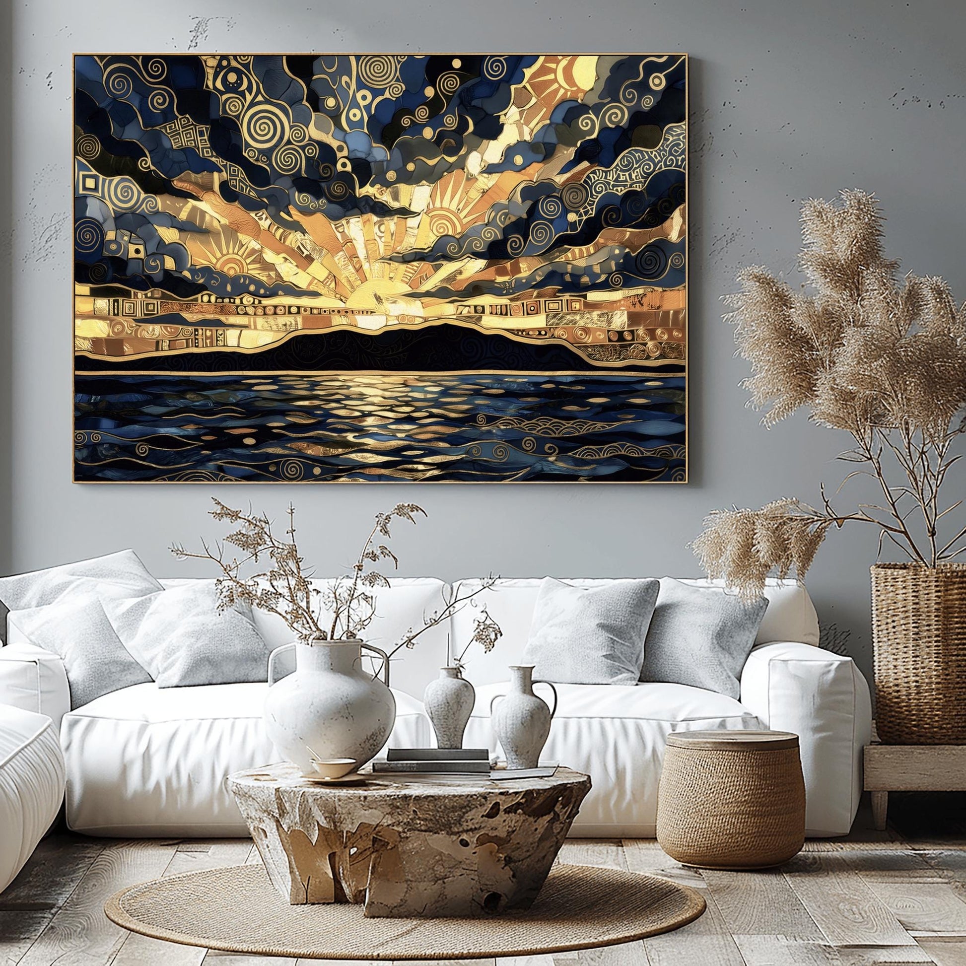 A horizontal fine art print in the style of Gustav Klimt. A golden sun sets behind a black mountain silhouette over a dark blue sea. The sky and water are filled with intricate gold leaf spirals, mosaic patterns, and geometric shapes. The color palette is a high-contrast blend of deep navy, charcoal, and radiant gold.