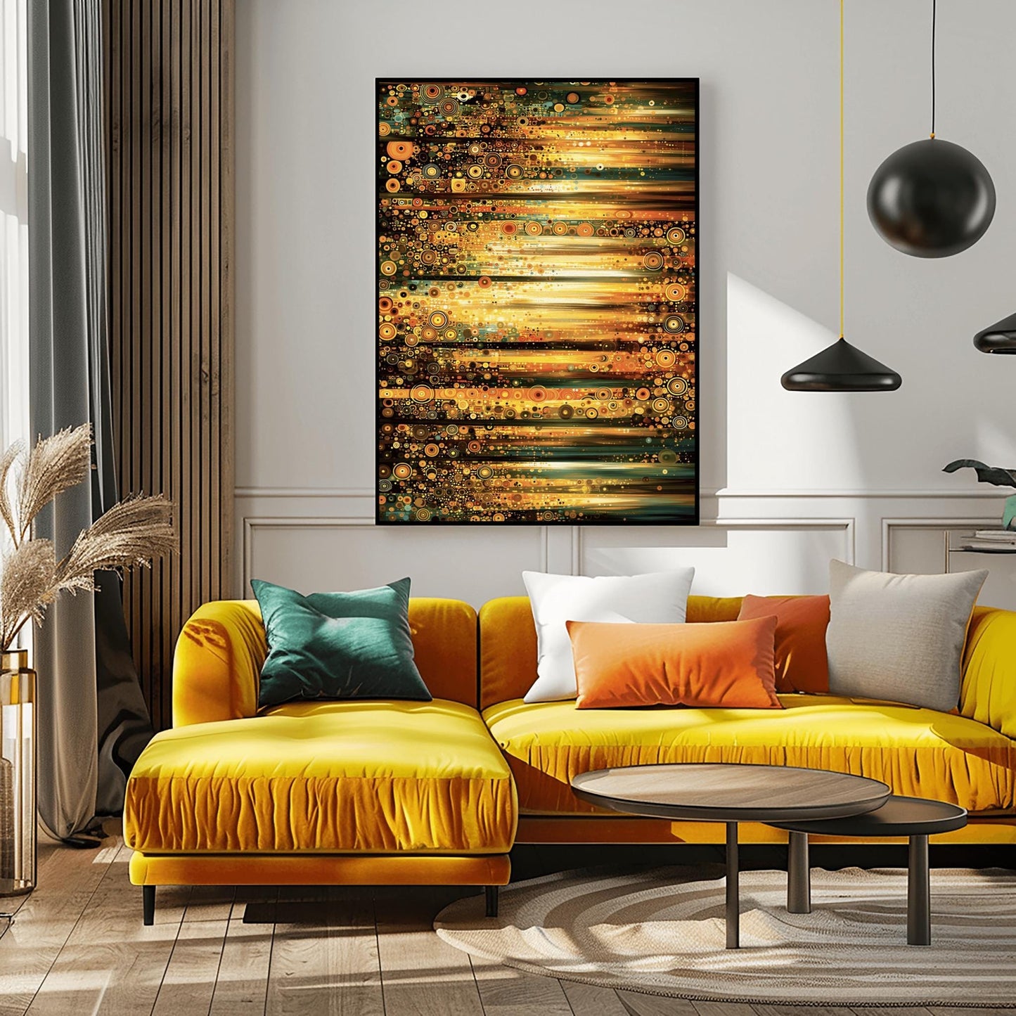 A horizontal abstract fine art print in the style of Gustav Klimt. The composition is made of horizontal bands of light and dark. Each band is filled with thousands of small mosaic circles and geometric patterns in shades of gold, amber, dark green, and teal. The center glows with a bright, sun-like yellow light.