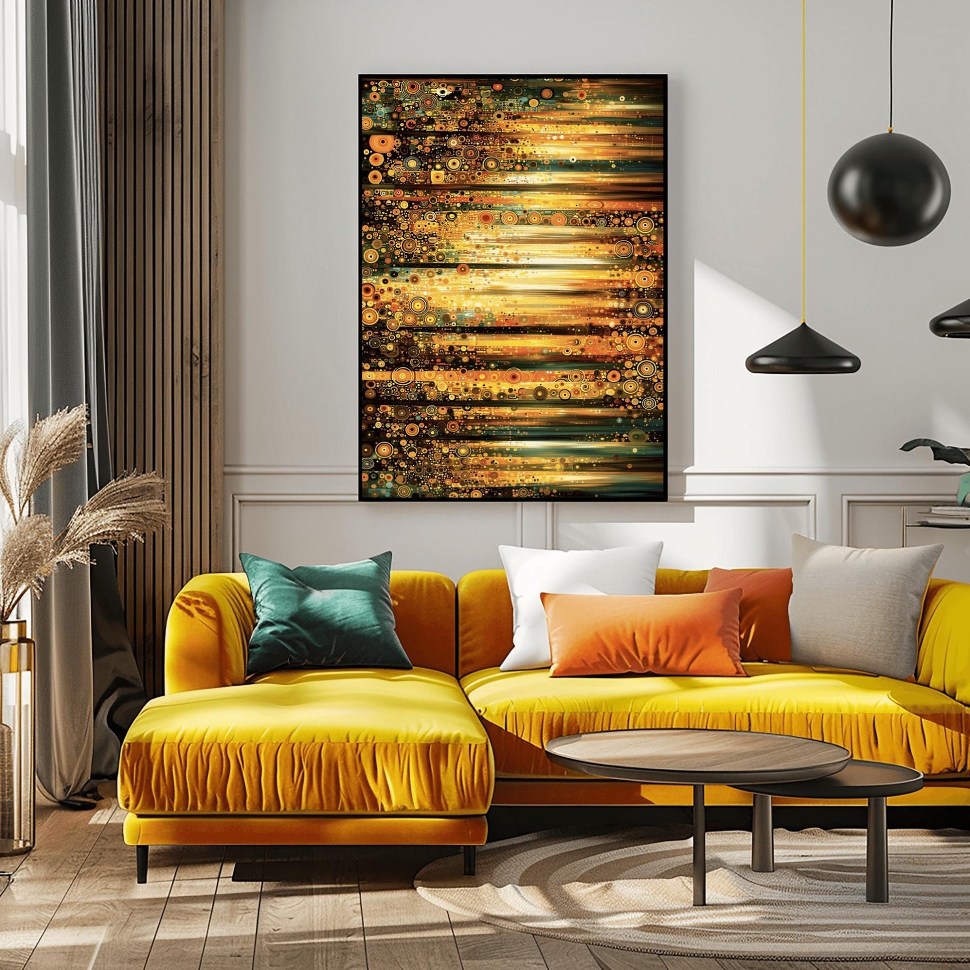 A horizontal abstract fine art print in the style of Gustav Klimt. The composition is made of horizontal bands of light and dark. Each band is filled with thousands of small mosaic circles and geometric patterns in shades of gold, amber, dark green, and teal. The center glows with a bright, sun-like yellow light.
