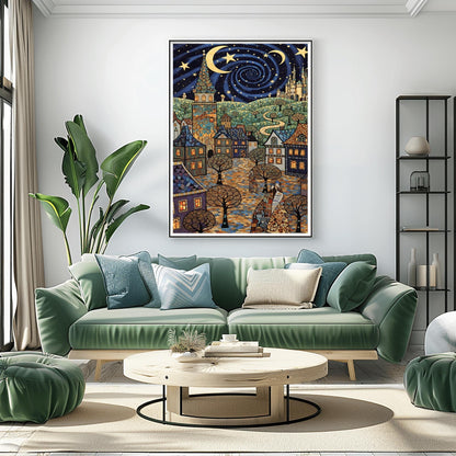 A vertical fine art print in the style of Gustav Klimt. A whimsical European village with mosaic-patterned houses and a tall tower sits under a swirling dark blue night sky. The sky features a large golden vortex, crescent moons, and stars. The ground is a colorful mosaic cobblestone path with spiral-patterned trees.