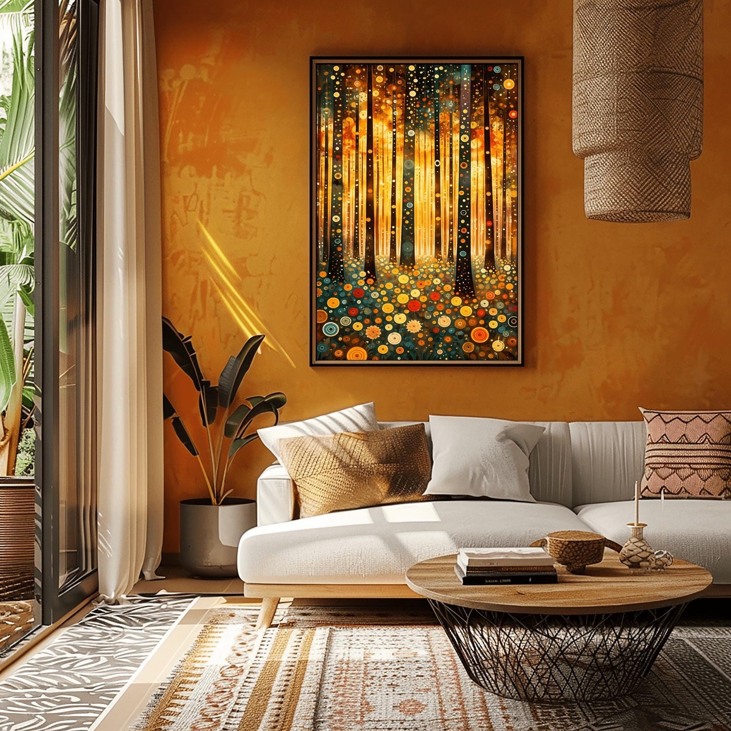 A vertical fine art print in the style of Gustav Klimt. Dark, slender tree trunks are decorated with various golden and colorful concentric circles. The forest floor is covered in similar circular floral patterns. A bright, warm golden light glows from the background, creating a high-contrast, ornate night forest scene.