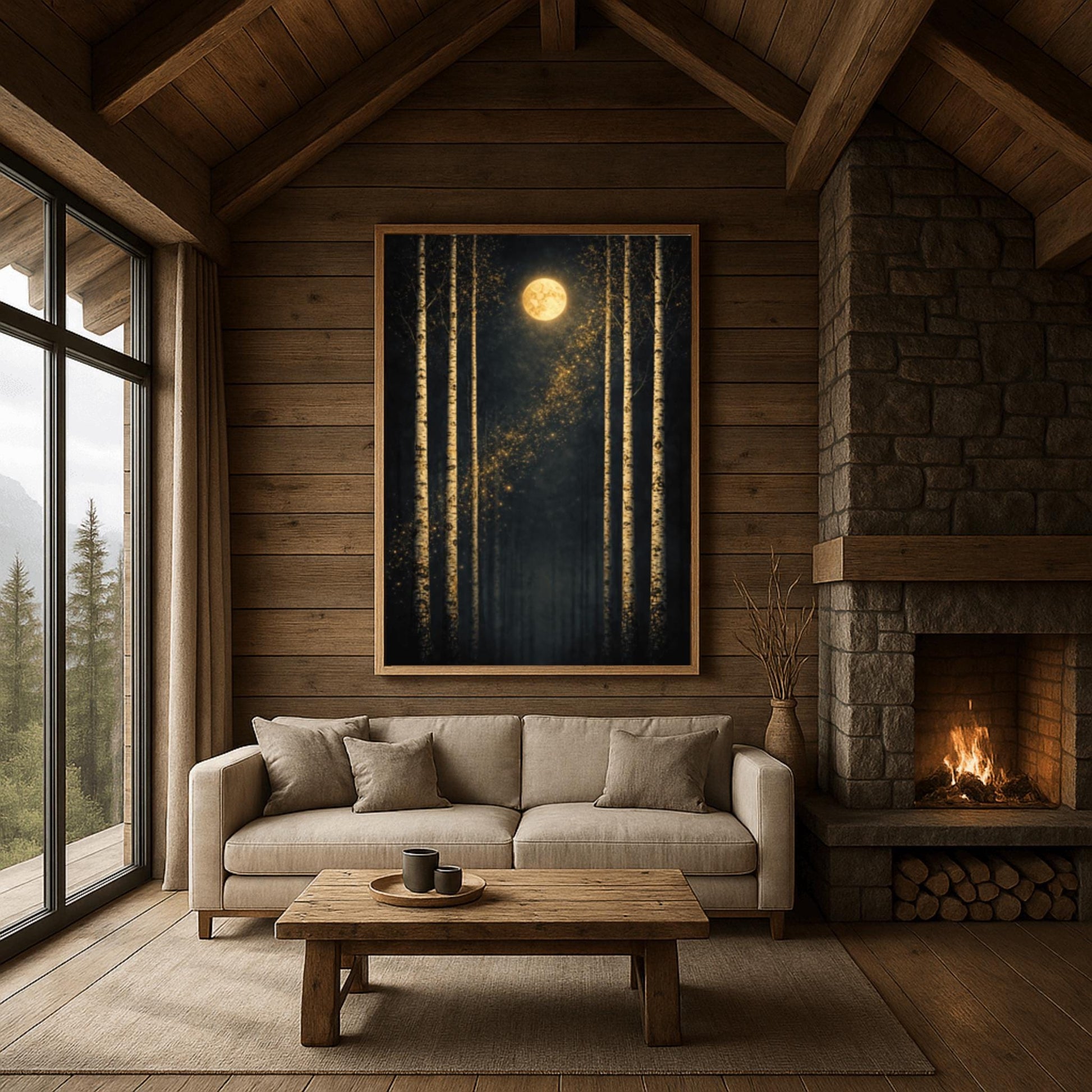 A vertical Art Nouveau-style illustration of six slender birch trees against a dark, velvety sky. A golden moon with swirling patterns sits at the top, and a diagonal trail of shimmering golden stardust flows through the center. The trees have textured, golden mosaic patterns on their bark.
