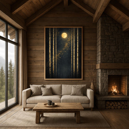 A vertical Art Nouveau-style illustration of six slender birch trees against a dark, velvety sky. A golden moon with swirling patterns sits at the top, and a diagonal trail of shimmering golden stardust flows through the center. The trees have textured, golden mosaic patterns on their bark.